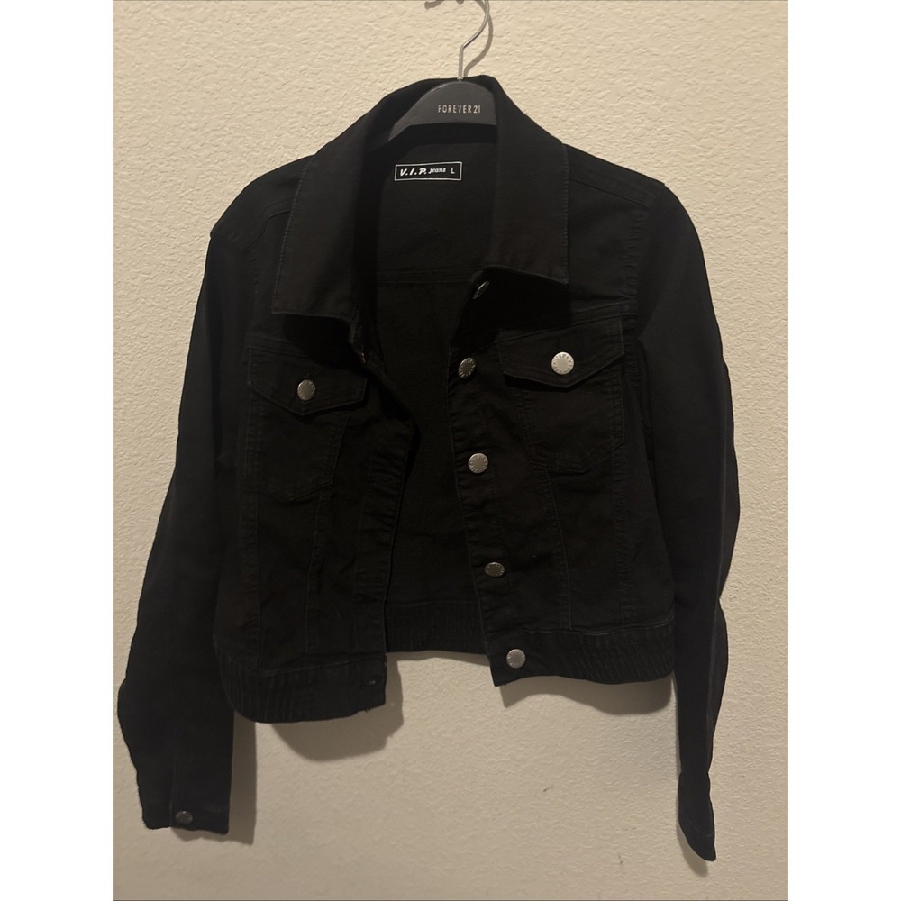 V.I.P. Jeans Black Distressed Denim Jacket Cropped Raw Hem Trucker Jacket  L